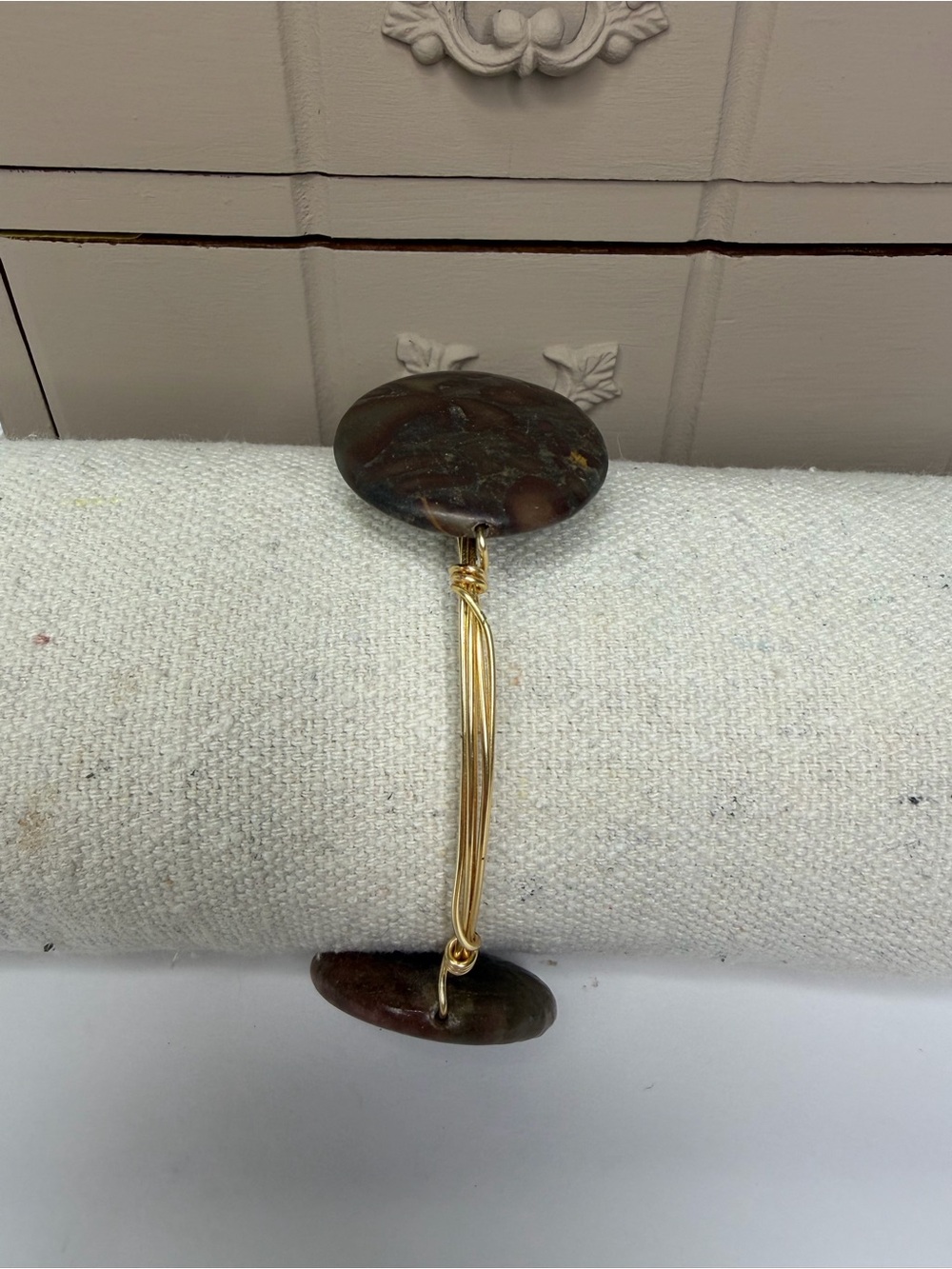 Gold-Tone Wire Bracelet with Brown Jasper Accent Discs